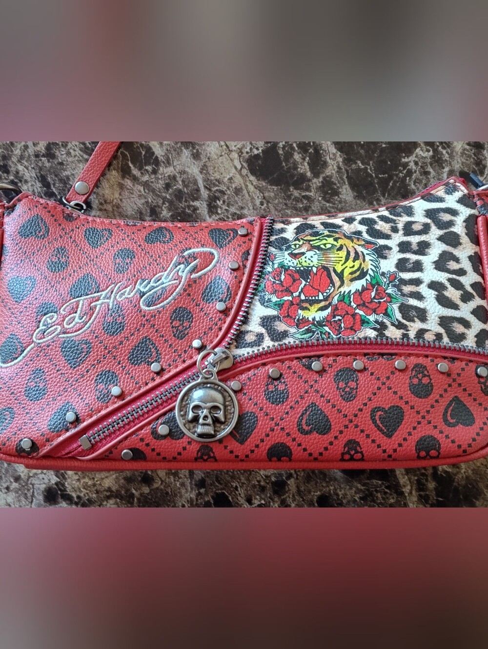 Ed Hardy Red Leopard & Heart Patch Shoulder/Crossbody Bag with Tiger Motif - Picture 8 of 9